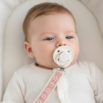 bébé avec Attache tetine fleurie