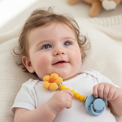 bébé avec Attache tetine jaune