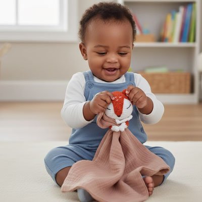 bébé avec doudou renard rose