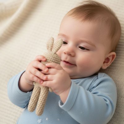 bébé avec un doudou lapin 