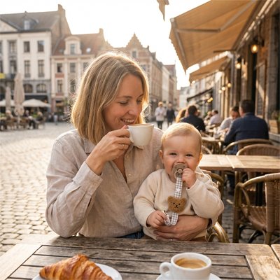 bébé content avec Attache tetine  à coté sa maman