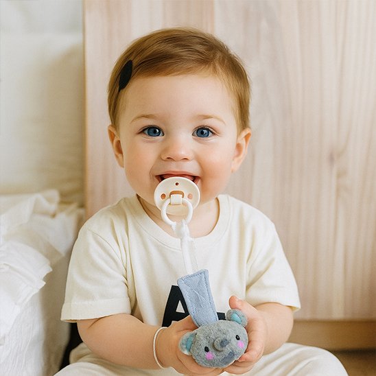 bébé content avec Attache tetine 