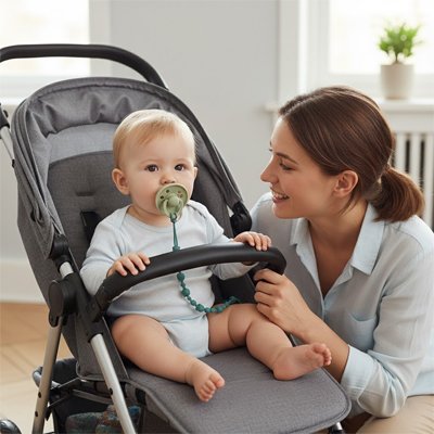 bébé dans une poucette à coté maman mettre son Attache sucette 