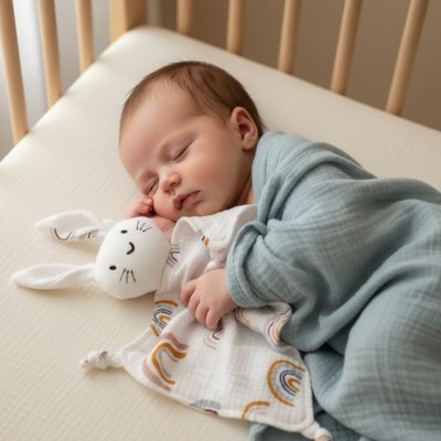 bébé dort avec doudou lapin 