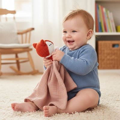 bébé joue avec doudou renard rose