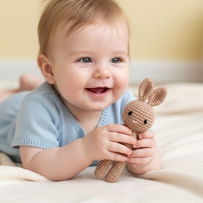 bébé joue doudou lapin 
