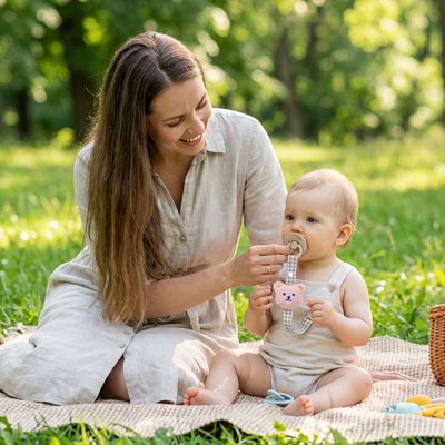 bébé porte Attache tetine à coté de la maman