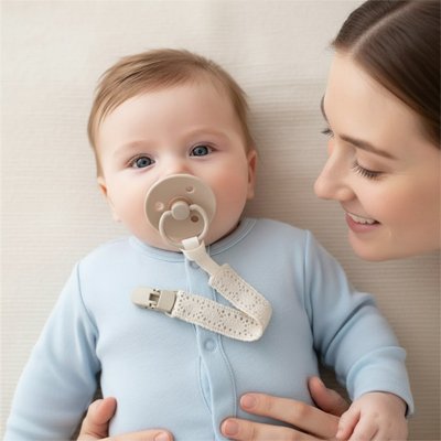 bébé porte Attache tetine et sa maman à coté 