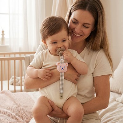 bébé porte son Attache tetine avec sa maman