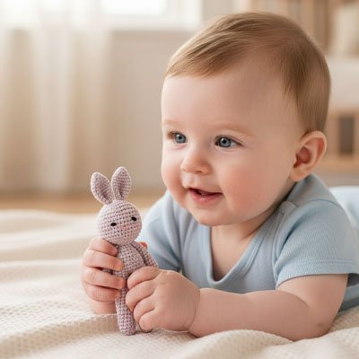bébé prend son doudou lapin grille