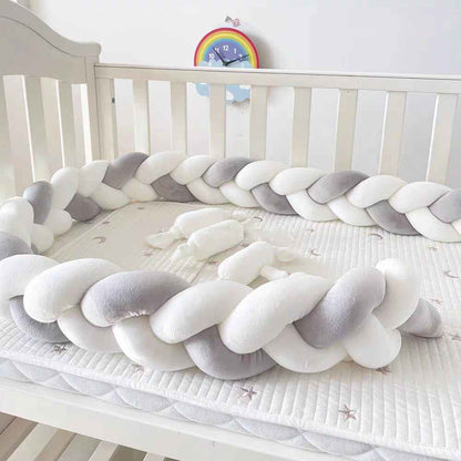 tour de lit tressé | Velours gris clair-blanc