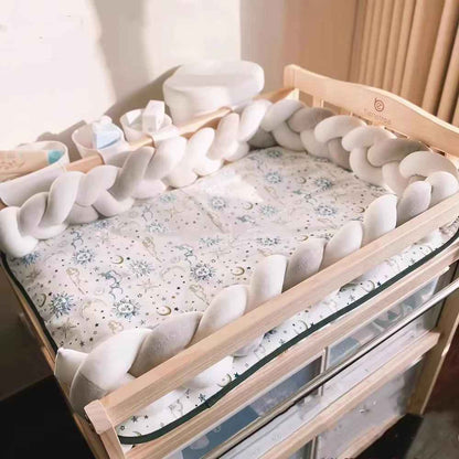 tour de lit tressé | Velours gris clair-blanc